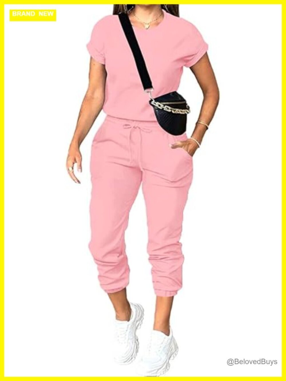 Stretchy 2 Piece Tracksuit Set with Short Sleeve Top & Jogger Pockets